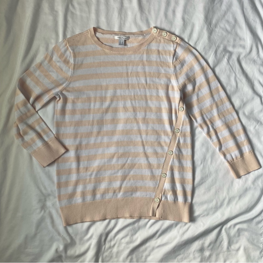 Nautica Striped Button-Accent Long Sleeve in Light Pink and White
